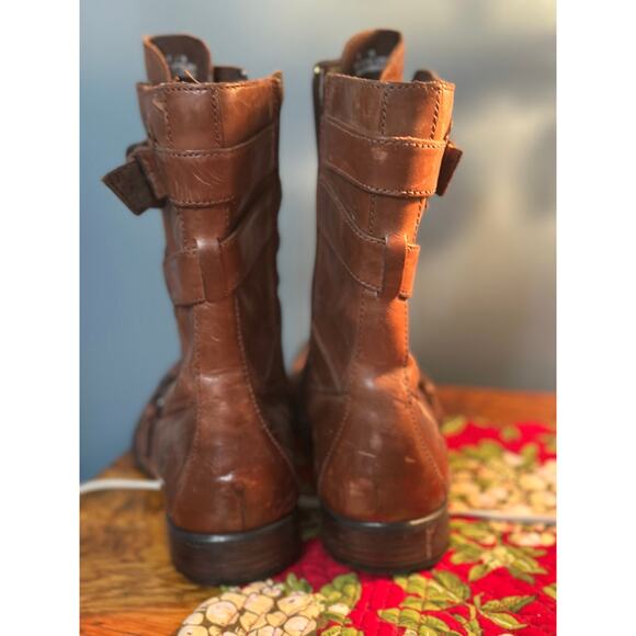 BORN Alamid Dark Tan Brown Leather Strappy Buckle Midcalf Boot Size 8 - Picture 2 of 9